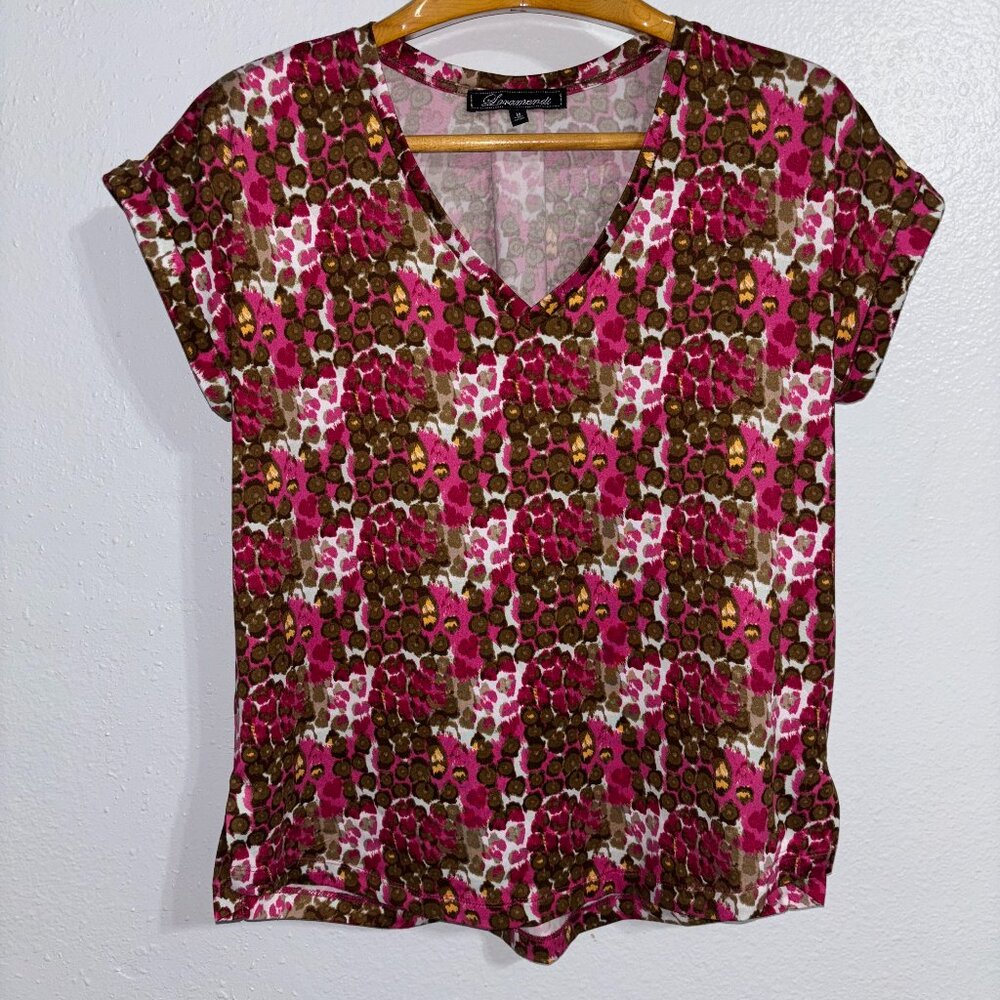 Loramendi V-Neck Top Medium‎ Pink Brown Abstract Animal Print Stretch Blouse